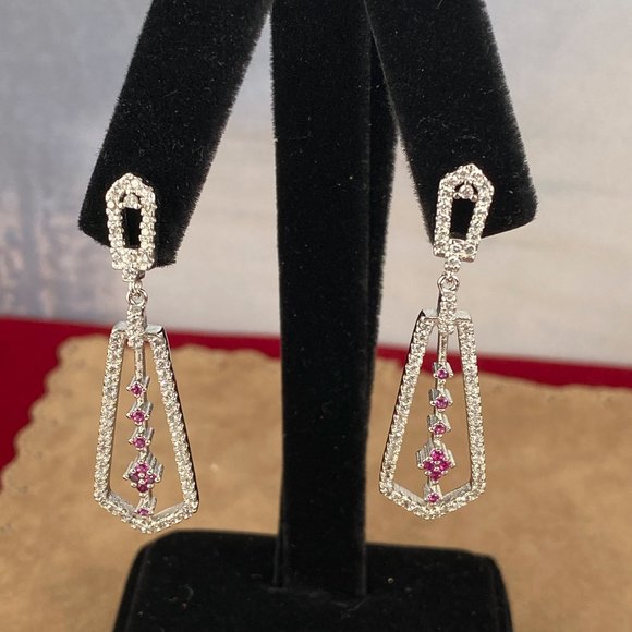 Red Rubies and Micro CZ Post Dangling Earrings - Picture 1 of 5